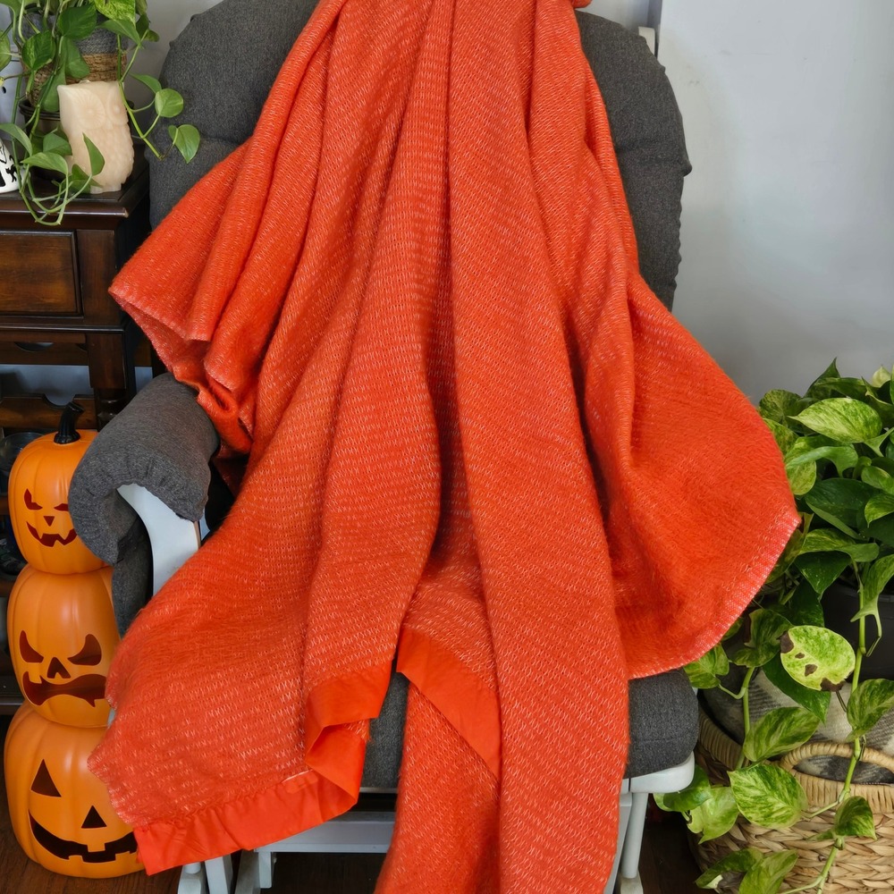 VTG Bright Orange Thermal Blanket Satin Trim Throw 70x86 Retro Bedding Boho MCM